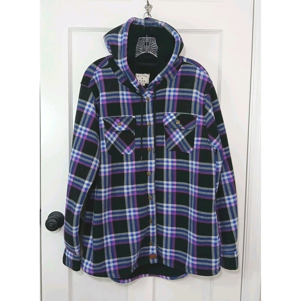 ​Willow & Pine Fleece Jacket Hooded Button Up Plaid Purple Blue Sherpa Lined XXL